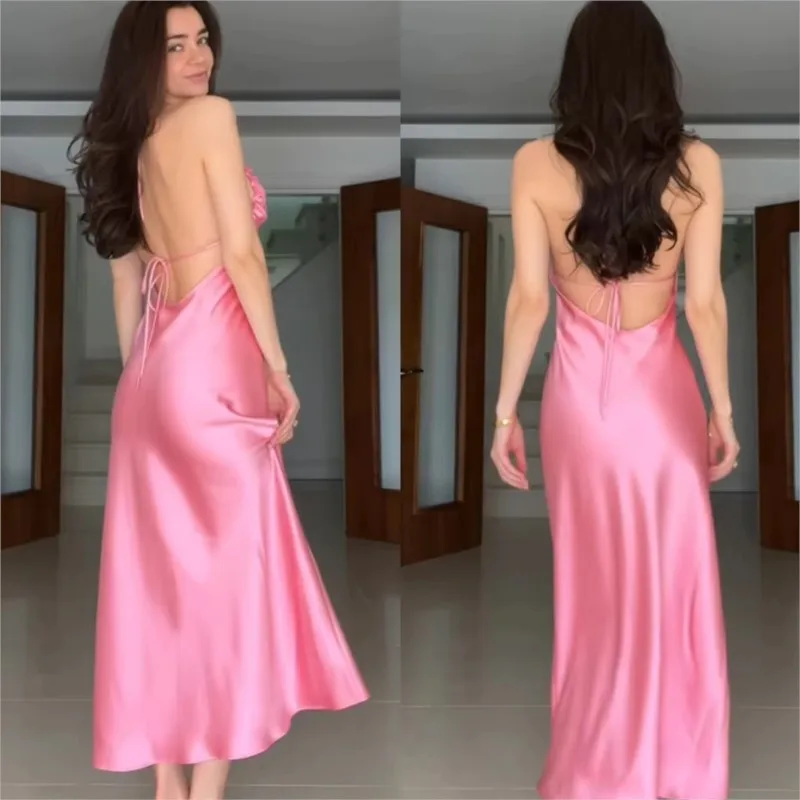 فستان أنيق بحمالات من الساتان للنساء وردي مثير بدون أكمام فساتين طويلة ضيقة بدون ظهر 2025 فساتين صيفية جديدة أنيقة للحفلات المسائية #3