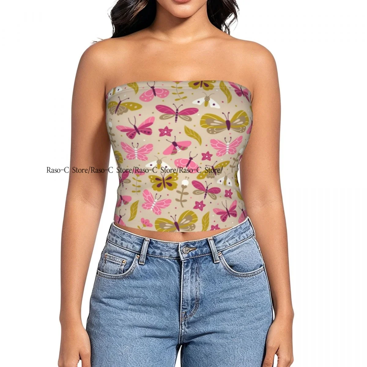 Women's strapless halter top Doodle Butterfly summer sexy short-sleeved top