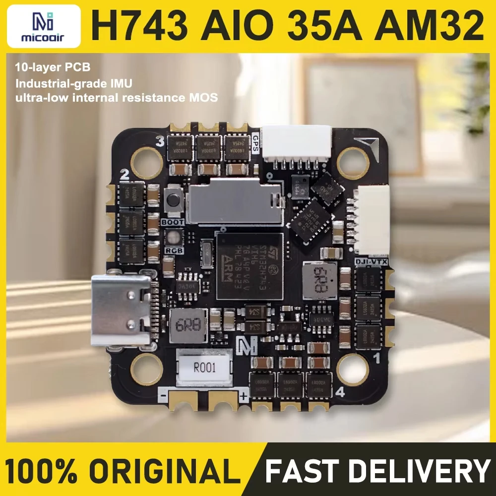 

MicoAir H743 AIO 35A AM32 Flight Controller 25.5×25.5 3-6S 32-bit open-source ESC Industrial-grade dual IMUs 480MHz operating