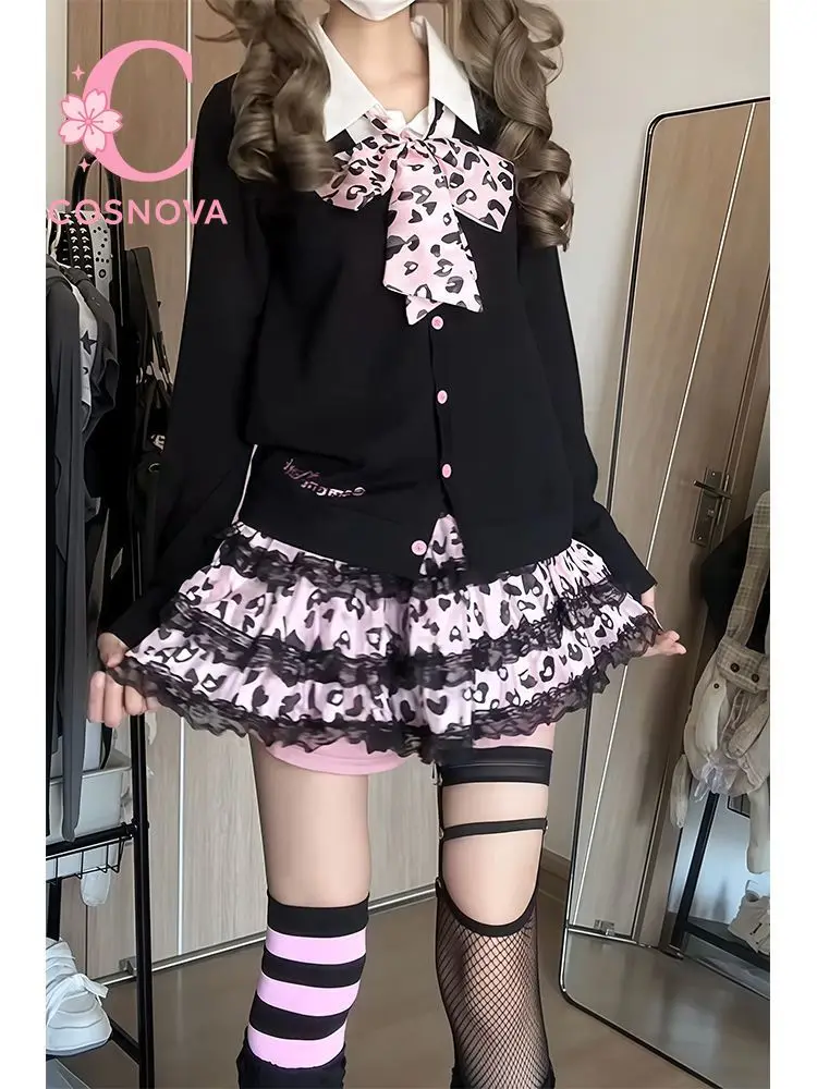 

Японский кружевной лоскутный сексуальный комплект из 2 предметов, весенне-осенний топ и розовая мини-юбка с леопардовым принтом Y2K, сладкий пряный наряд для женщин