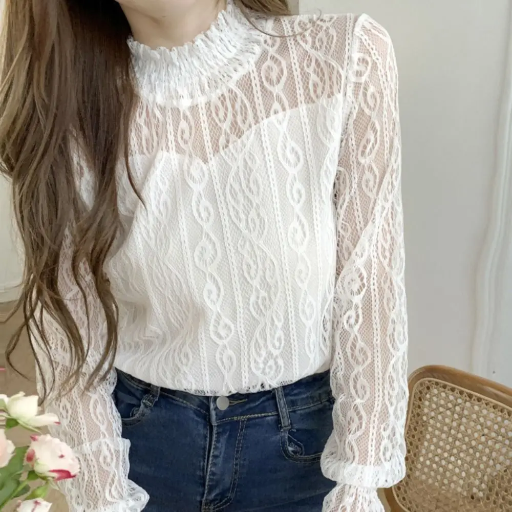 Pullover Lace Flower Top Women See Through Blouse Transparent Long Sleeved Top Streetwear Half High Collar