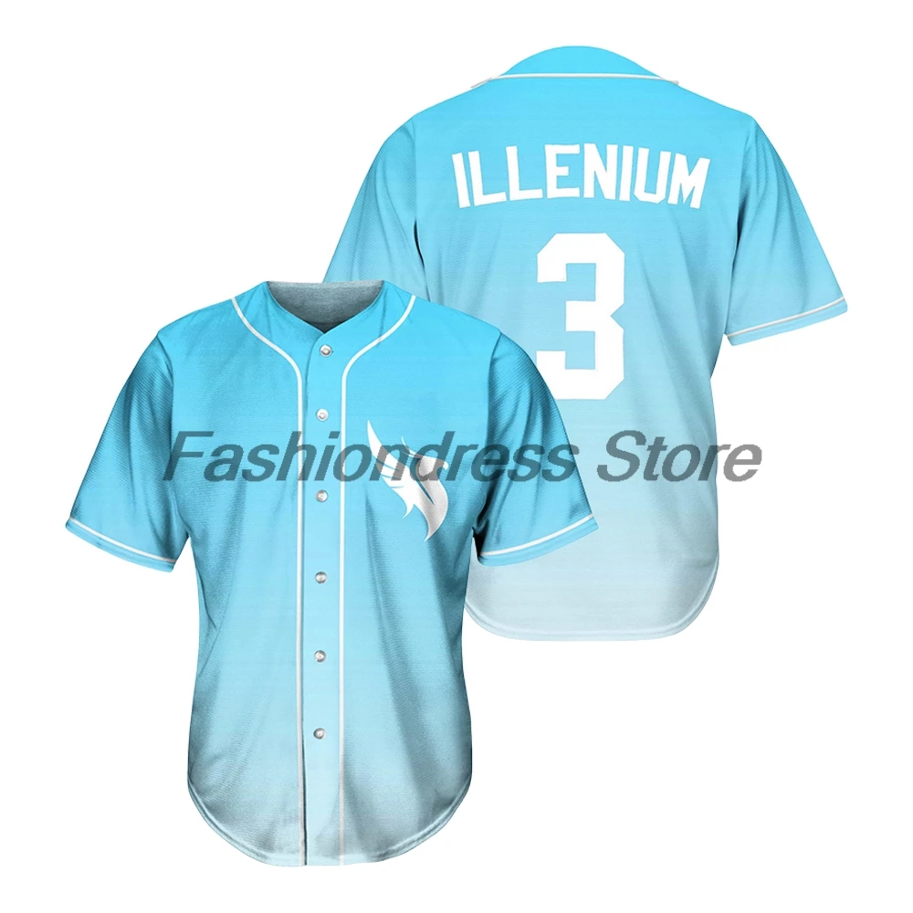 Illenium Light Blue Gradient Rave Baseball Jersey Music Festivals Short Sleeve Button-Down Shirts Women Men Streetwear Tops