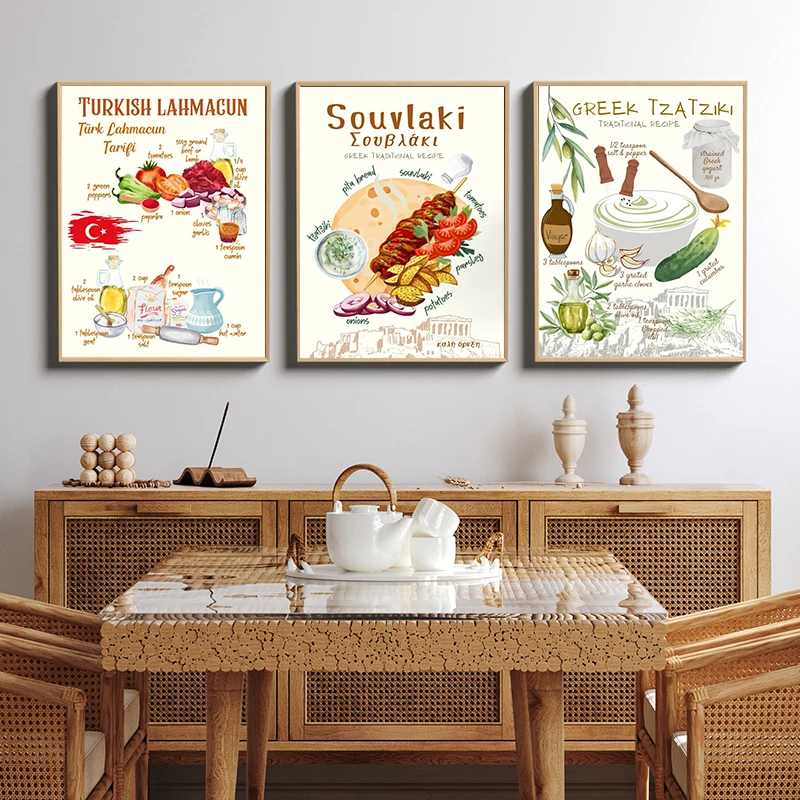 Turkish Recipe Baklava Cook Greece Food Greek Souvlaki Kitchen Poster Print Wall Art Pictures Canvas Painting Room Home Decor
