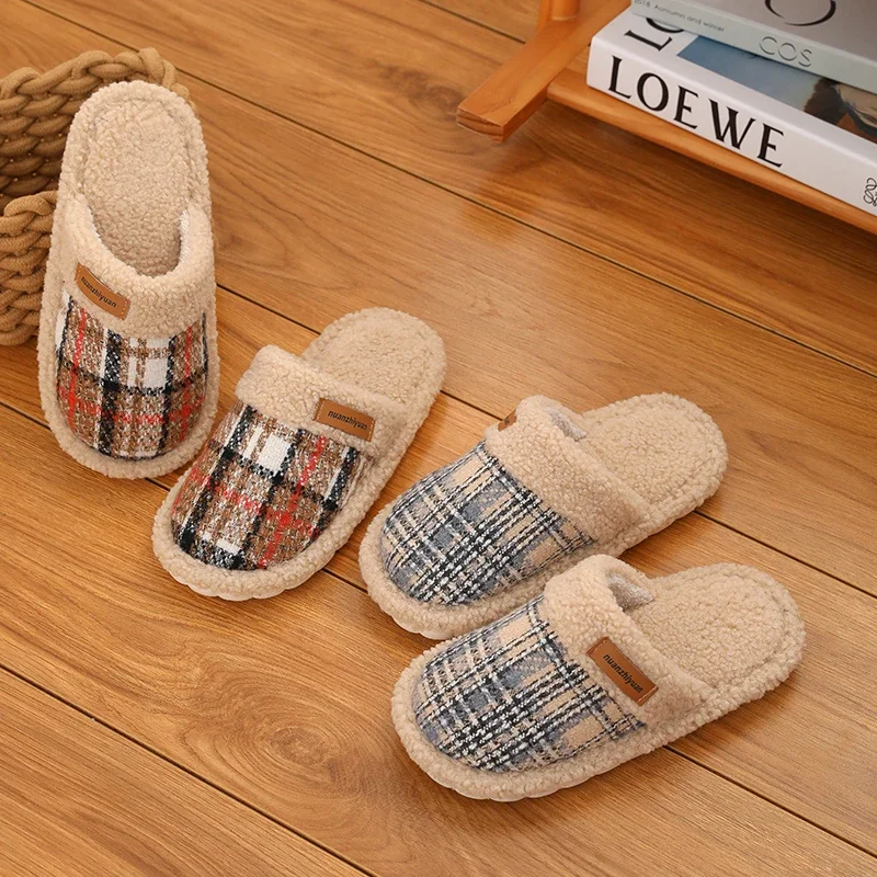 Women Warm Winter House Slippers Men Casual Home Outdoor Plaid Striped Shoes Couple Cozy Anti-slip Indoor Floor Footwear