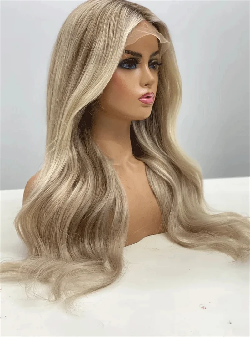 

Ombre Ash Blonde Synthetic HD Lace Front Wig Heat Fibre Women Wigs Wear&Go G;ueless Preplucked Hairline Long Wave Wig Party Wigs