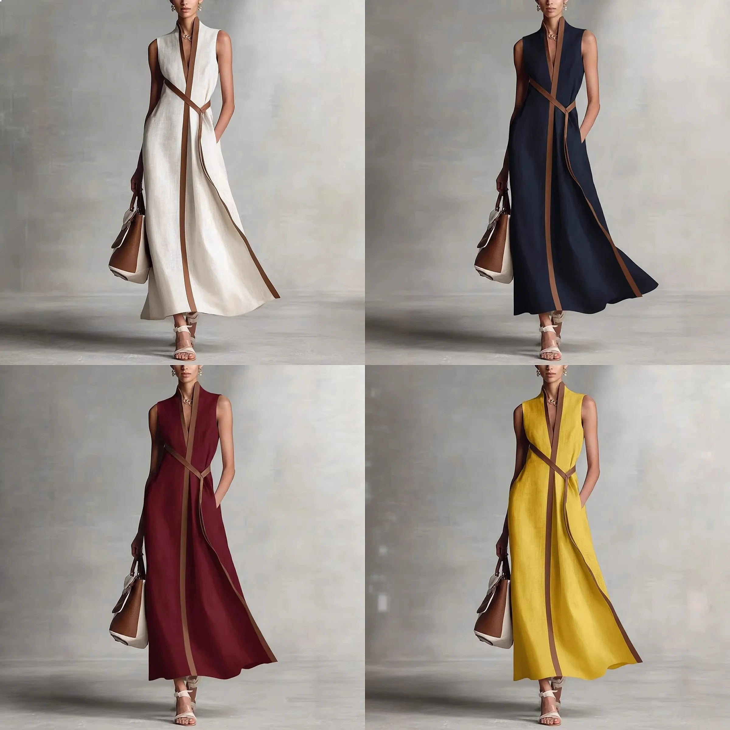 

Spring Summer Women Sleeveless Linen Blend Dress Dresses Color Block Collar Shift Jumpsuit Playsuit
