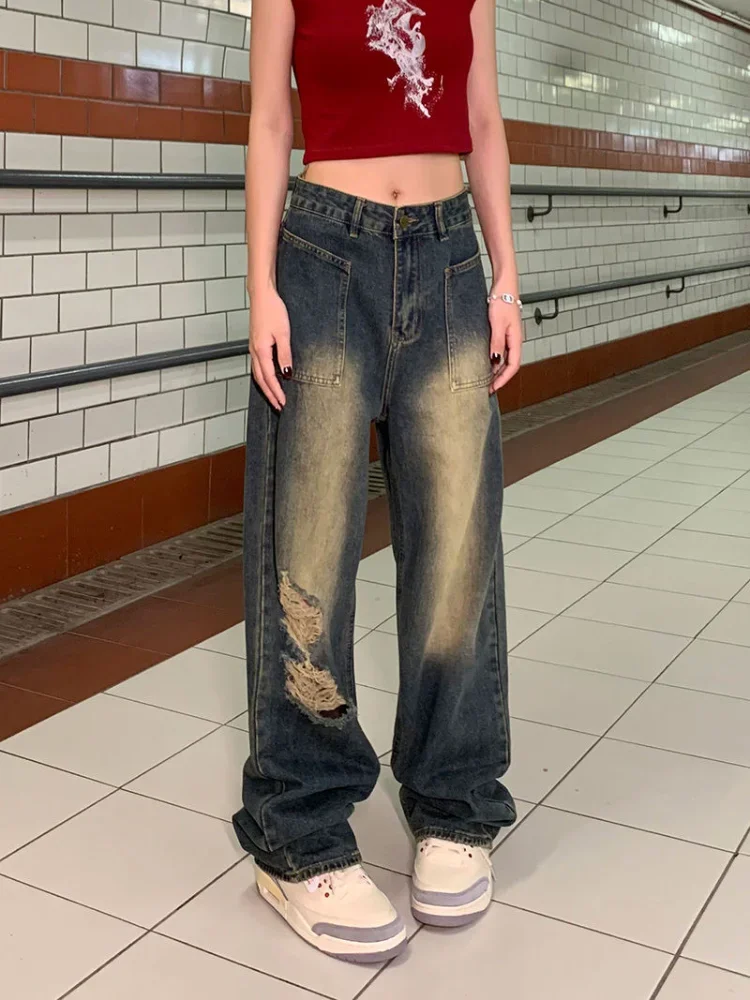جينز نسائي هول رائع للجنسين، أساسيات الإبداع المتوافقة مع شعبية عتيقة على الطراز الأوروبي للسيدات، ملابس الشارع اليومية البسيطة والحديثة