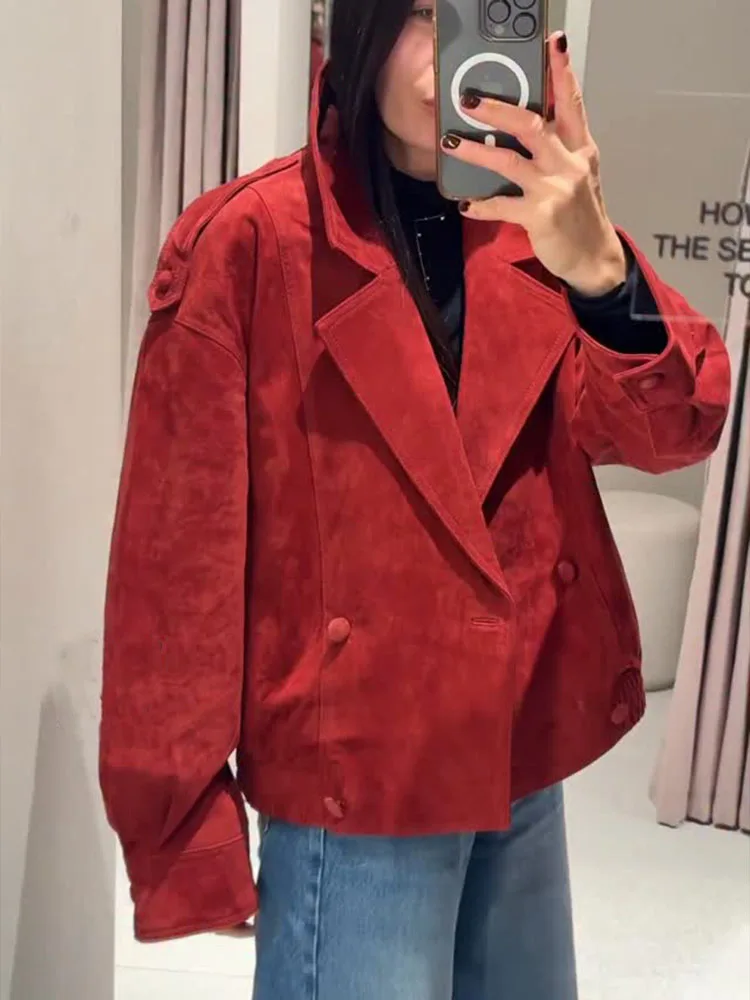 

HH Woman Winter New Year Fashion Long Sleeves Pocket Decoration Jackets Female Street Double-Breasted Loose Casual Suede Coat