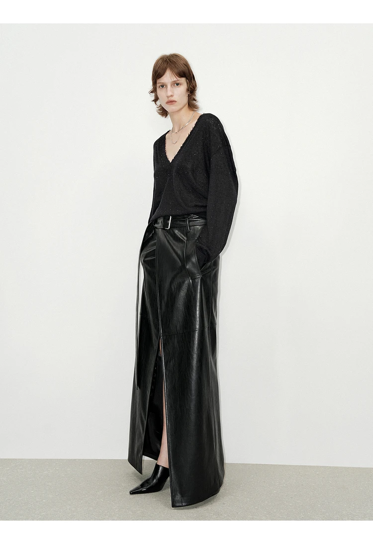 Lautaro Spring Autumn Shiny Black Soft Pu Leather Floor Length Skirt Women with Front Slit High Waist Extra Long Clothes 2025