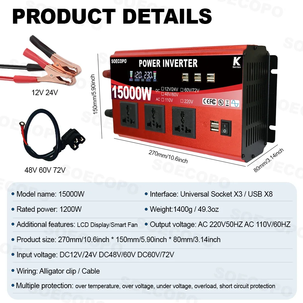 15000W All-in-One Power Inverter DC 12V/24V/48V/60V/72V to AC 110V/220V 3 Universal Sockets 8 USB LCD Smart Fan for Home RV