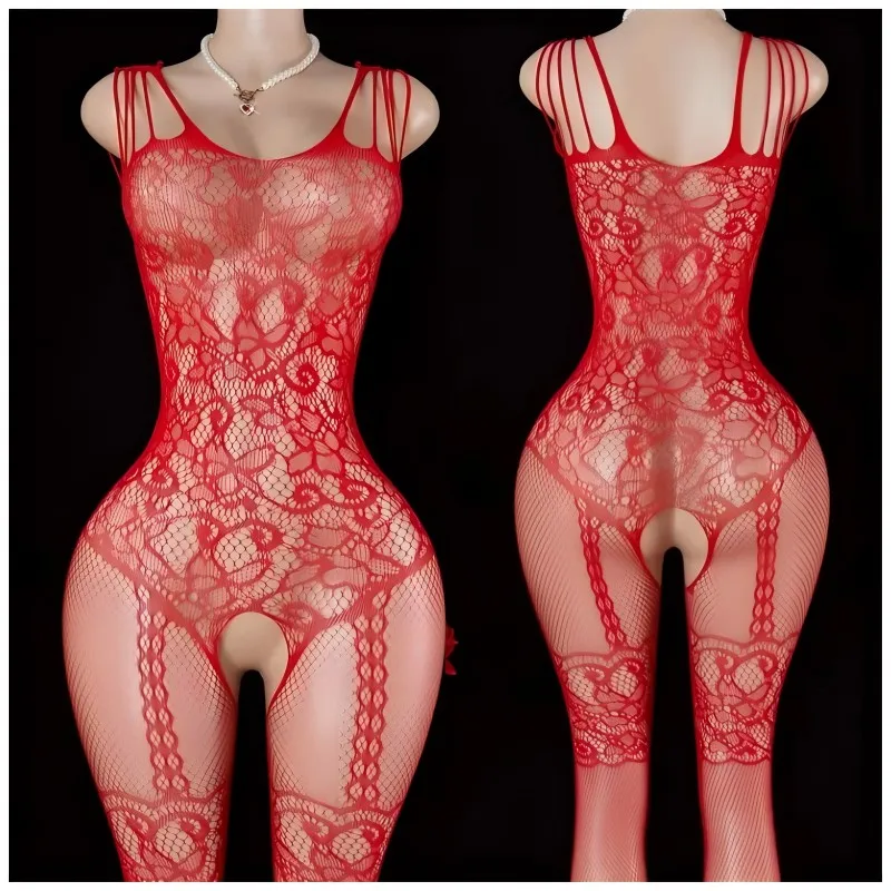 Mesh Sexy Crotchless Long Stockings Women Suspenders Hollow Bodystockings Erotic Costumes Open Crotch Pantyhose Uniform view 4