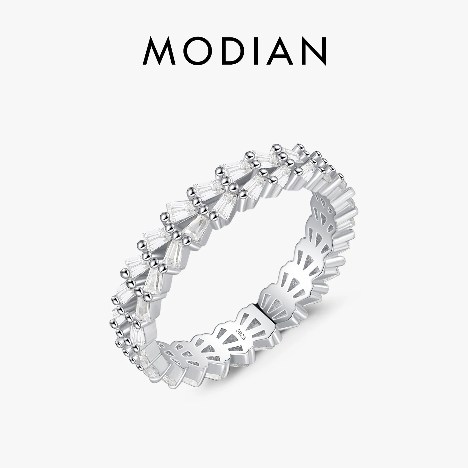 MODIAN 925 Sterling Silver Clear CZ Trapezoid Eternity Finger Ring modny mała biżuteria ślubna do układania w stosy dla kobiet