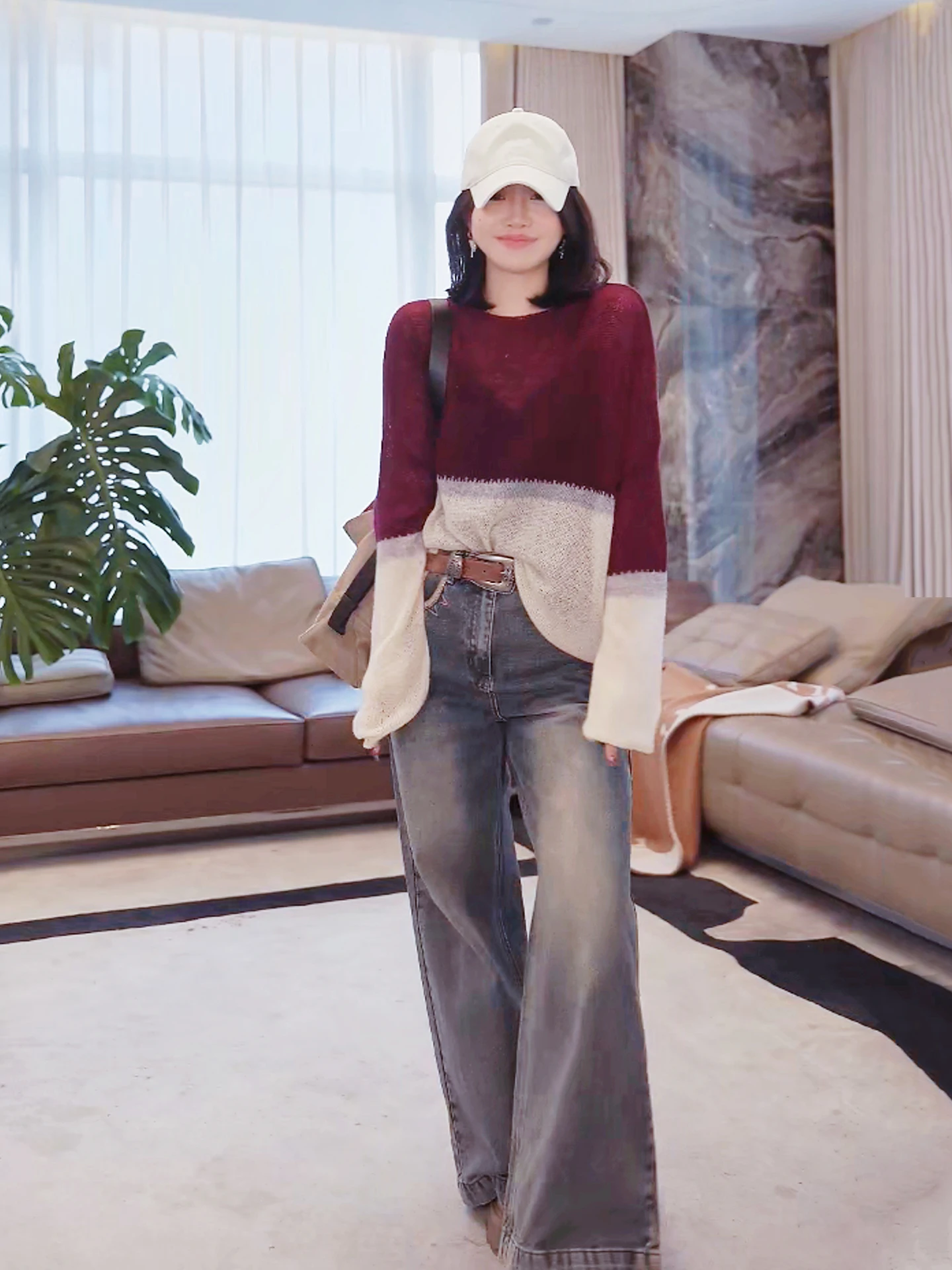 

Faionable adient Splicing Slimming Versatile Camere Blend Wool Sweater ME【Cloud Mist irt】MESA0893 Spring Autumn