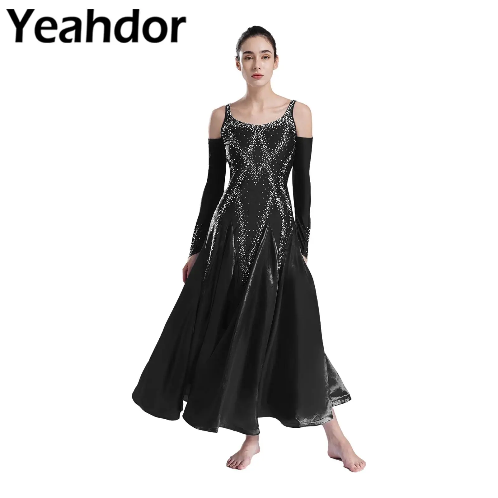 Womens Rhinestones Ballroom Dancing Dress Professional Dancer Modern Waltz Tango Practice Competition Stage Performance Dress