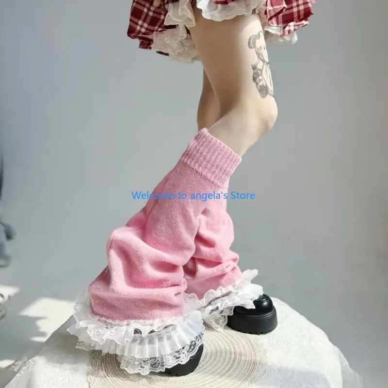 

X4YC Knitted Leg Warmers with Tiered Ruffle Lace Trim Sweet Flared Grunge Leg Covers