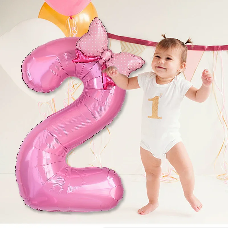 1 Stück, großes, 40 Zoll großes, rosa Folienballon in Form einer Zahl mit Schleife, für Jungen- und Mädchen-Geburtstagsfeiern, rosa Prinzessinnen-Thema, Brautparty. – Detail 4