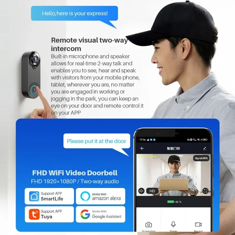 Tuya Video Doorbell WiFi Door Bell Camera 1080P Two-Way Audio Outdoor Waterproof Smart Life Works With Alexa Google Home