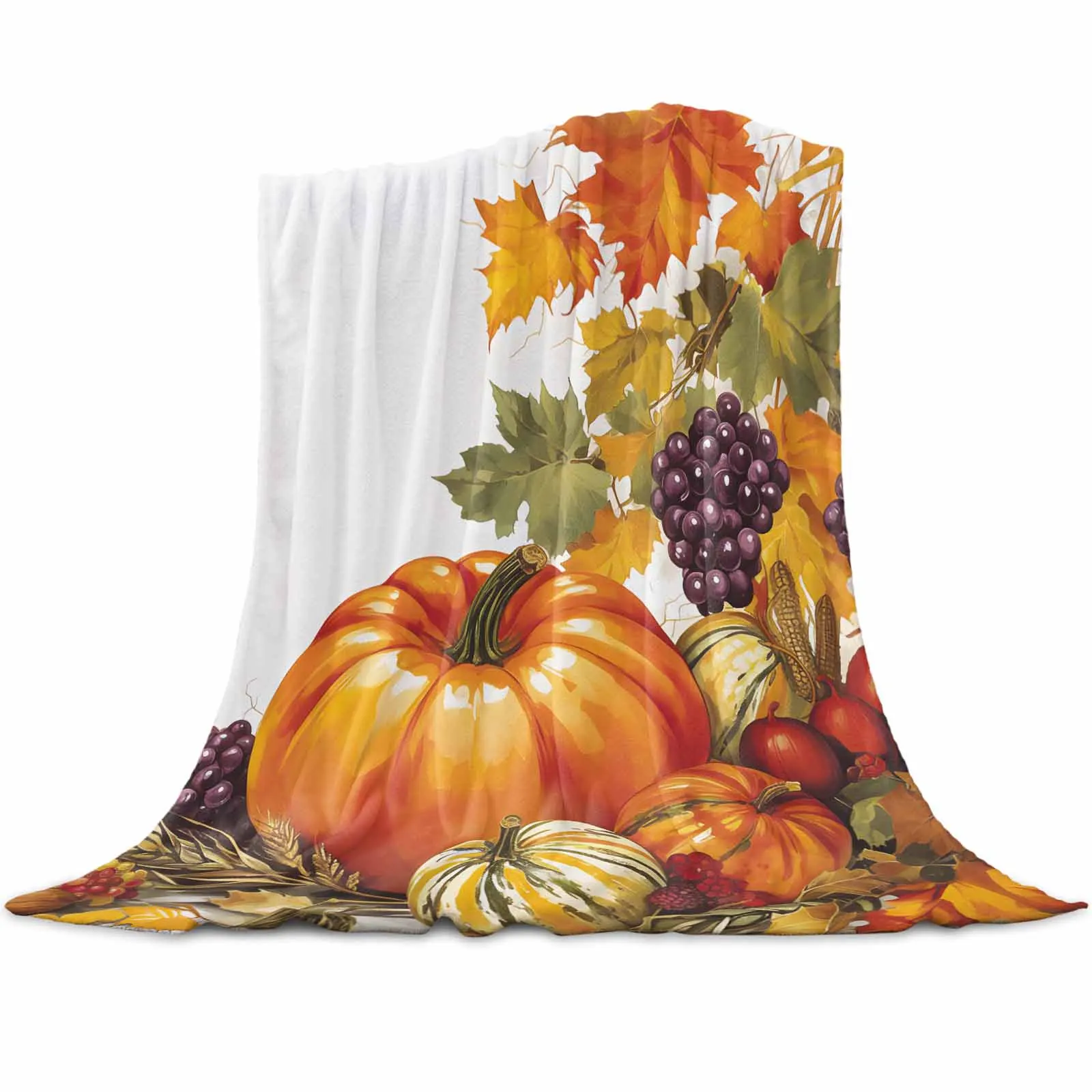 Autumn Pumpkin Grapes Maple Leaves Throw Blanket for Sofa Warm Microfiber Flannel Blanket Bedroom Decor Blankets for Beds