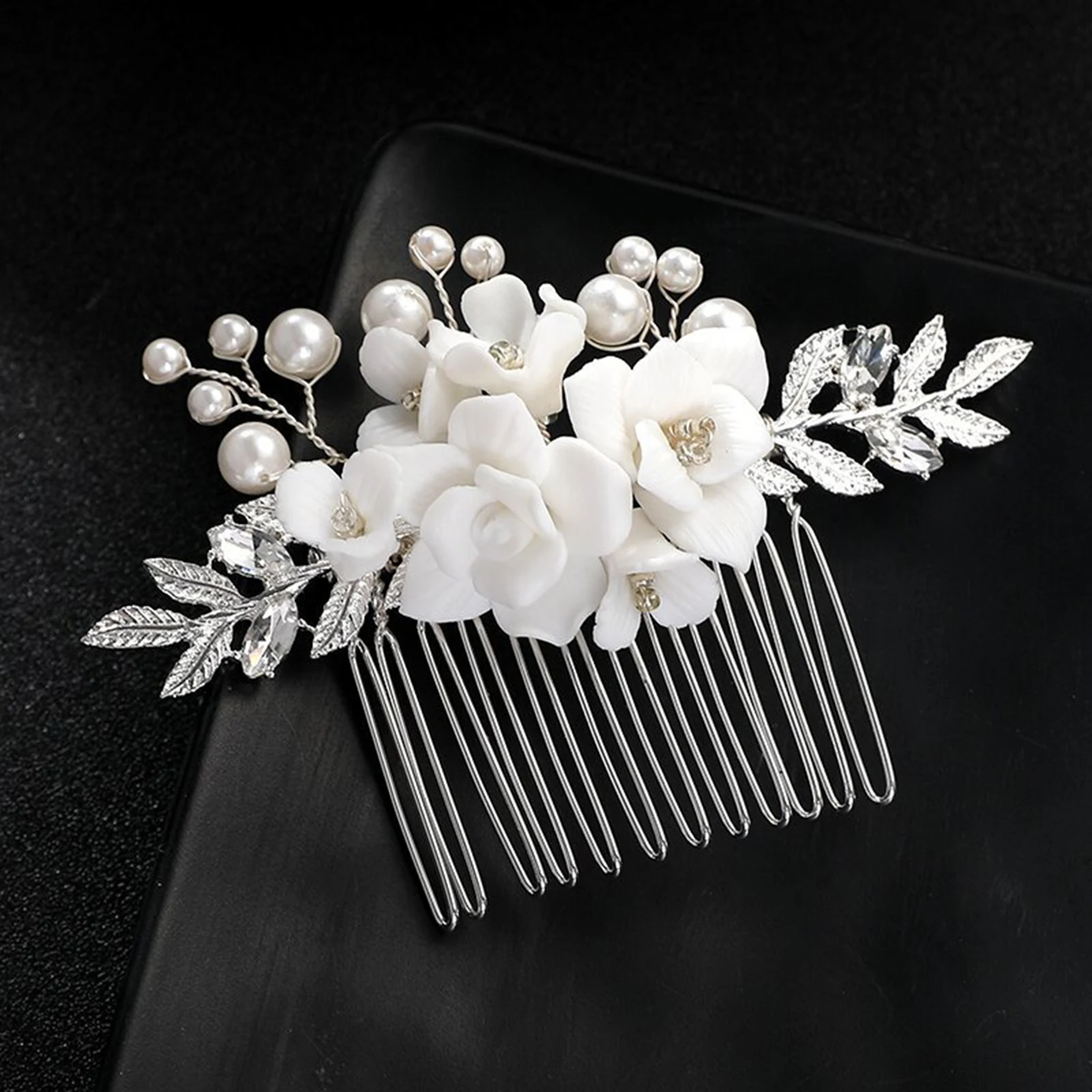 

White Flower Hair Combs for Bride Wedding Hair Jewelry Alloy Leaf Hairpins Side Clips Pearls/Floral Hairbands Bridal Headdress