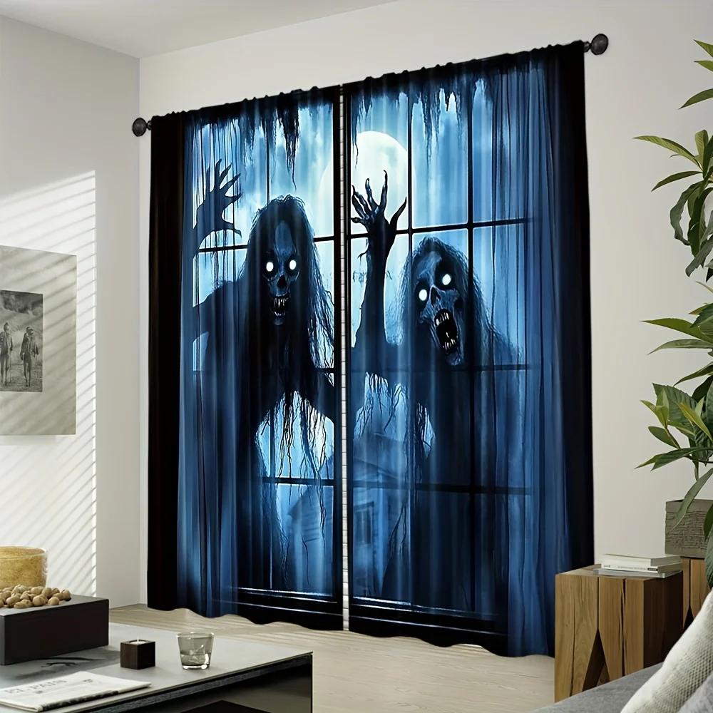 Spooky Zombie Curtain Panels, Creepy Undead Ghosts Reaching Hands Moonlit Dark Window Print Drapes for Living Room Home Decor