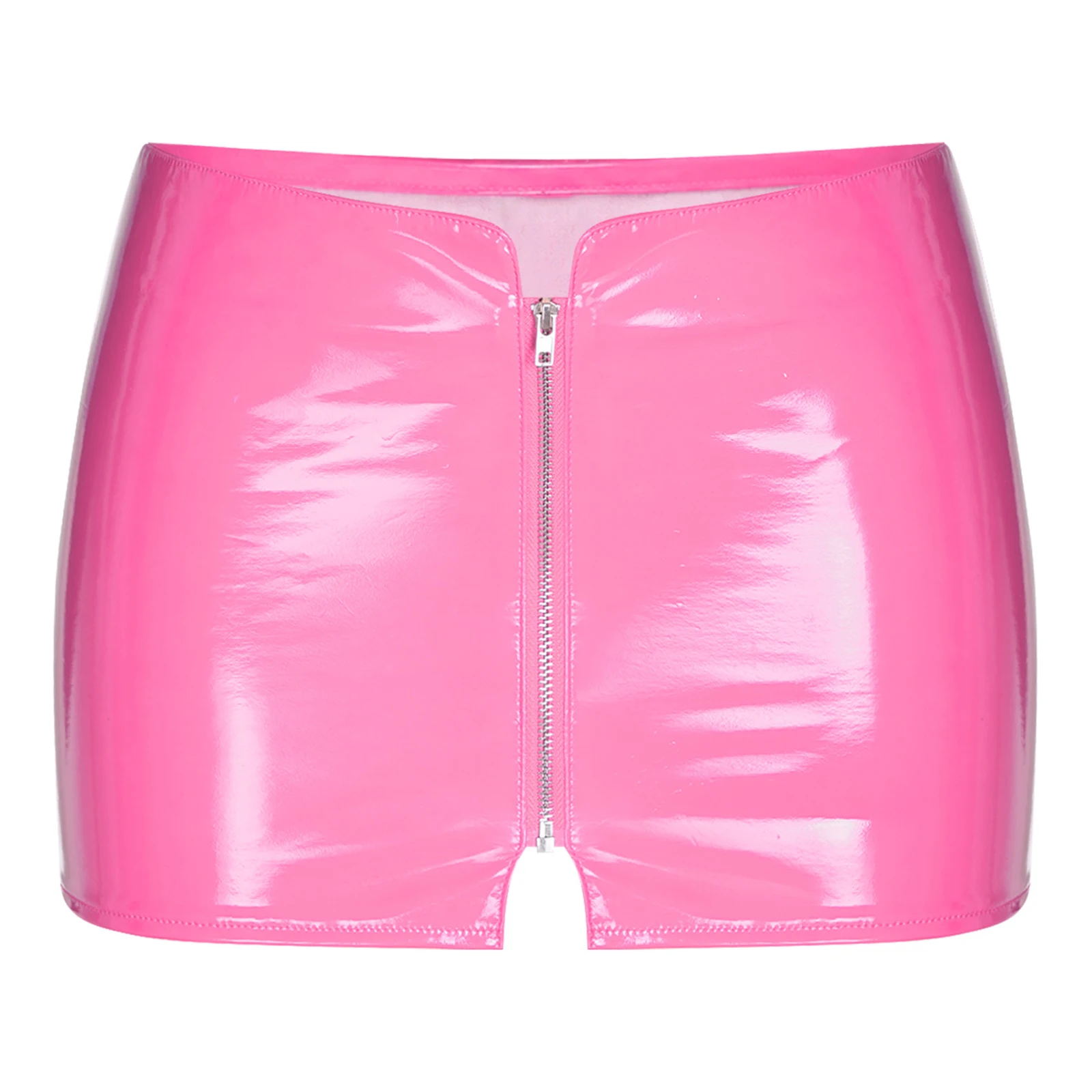 Women Glossy Patent Leather Mini Skirt Clubwear Front Full Zipper Slit High Waist Party Skirt Short Bottom Rave Festival Costume