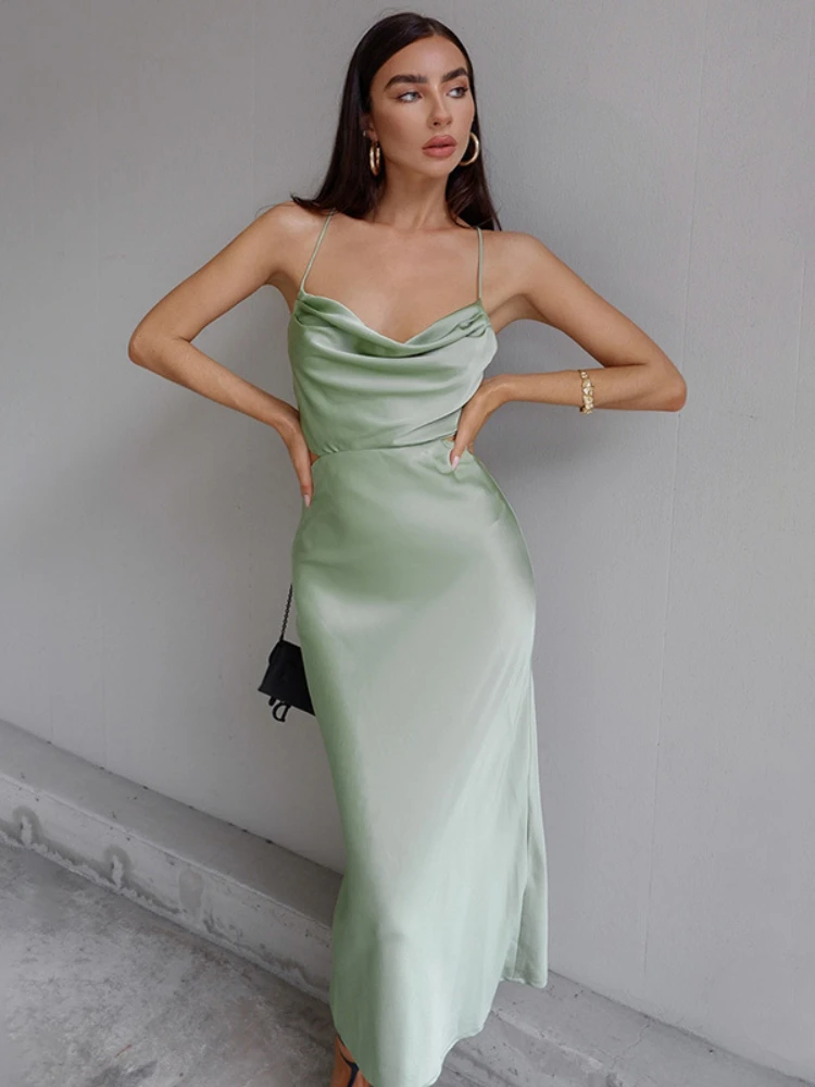 

White Maxi Dress Women Satin Backless Pile Collar Spaghetti Strap Evening Sexy Elegant Party Outfits Floor Length y2k Dress