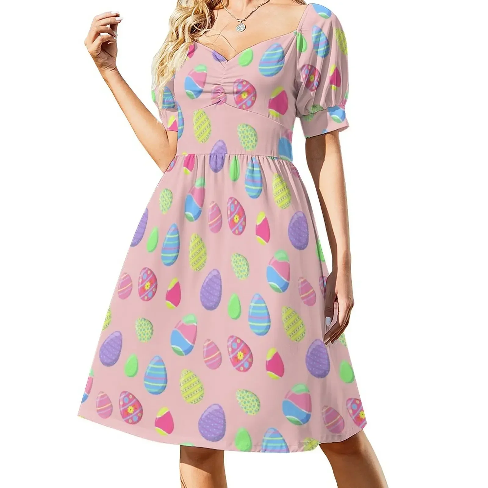 

easter eggs,pink,multicolor pattern Sleeveless Dress party dress women elegant luxury fairy dress