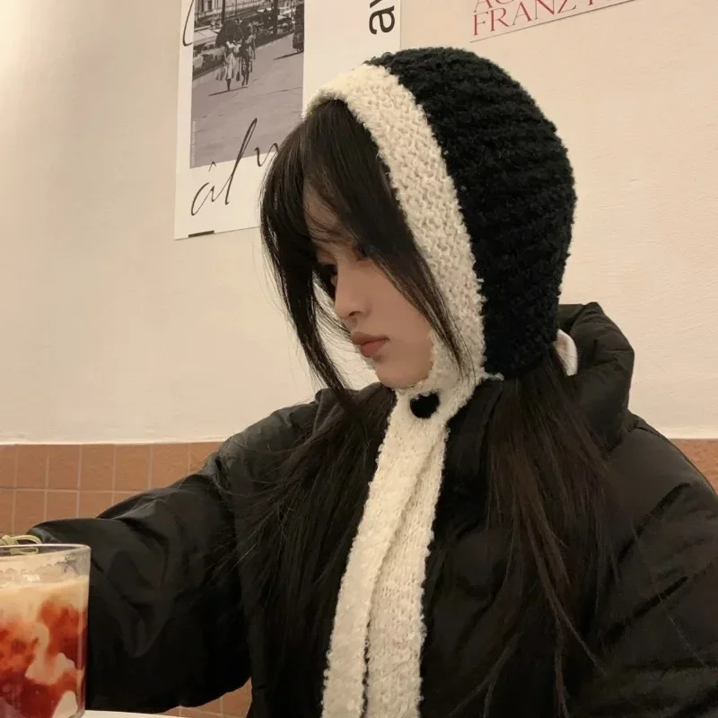 Ins Winter Two-color Splicing Strap Bomber Hat Autumn and Winter Retro Warm New Loop Knitted Ear Protector Women\'s Caps