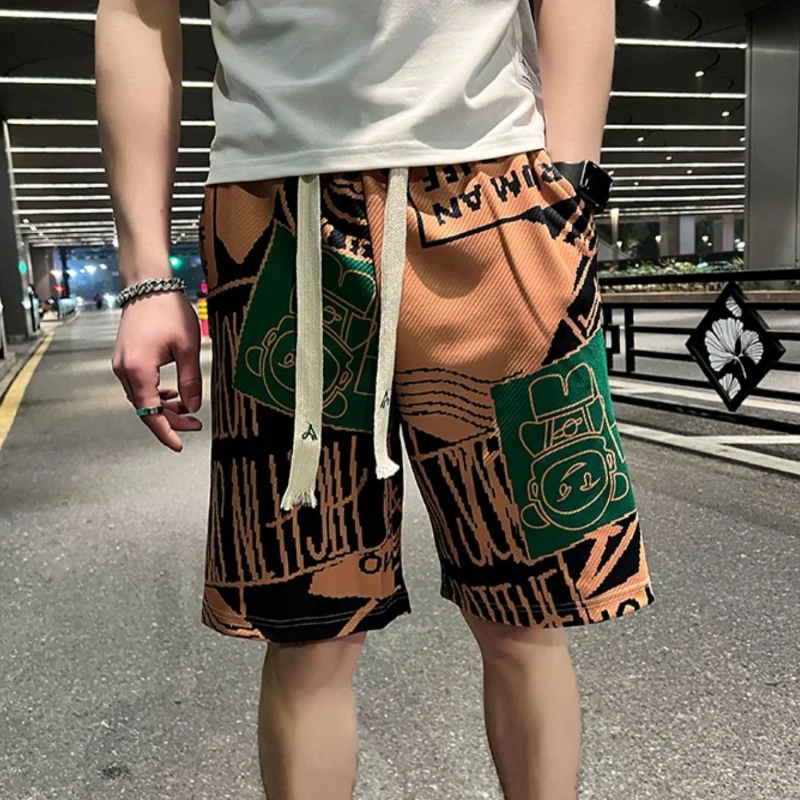 Moda yüksek sokak fantezi bel İpli şort erkek yaz rahat gevşek Capris Trendy yeni erkek pantolon spor yönlü kısa