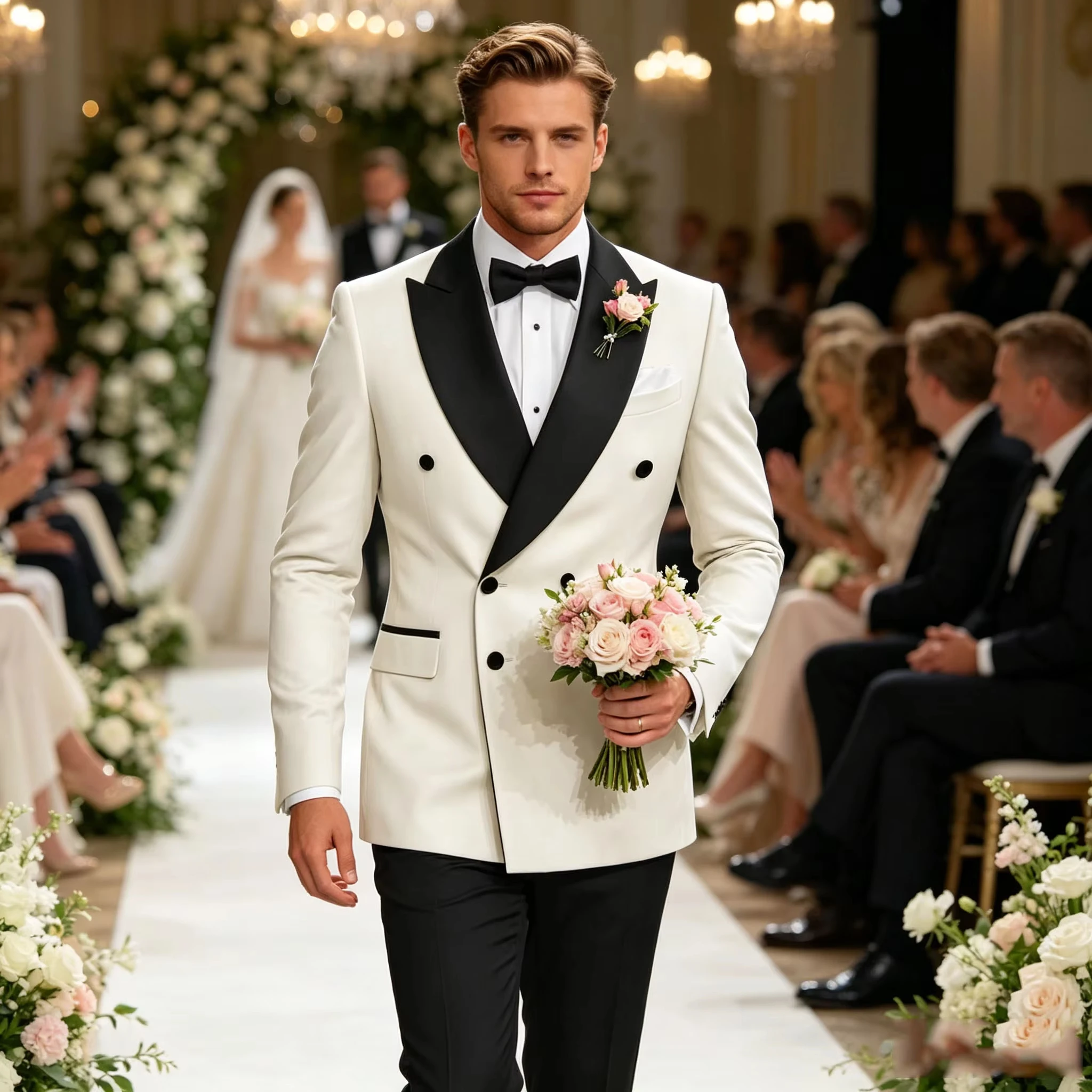 Luxury Men wedding Suit Blazer Double Breasted Slim Fit Contrast Peak Lapel Flap Pocket Formal Tuxedo Jacket Wedding Prom Party