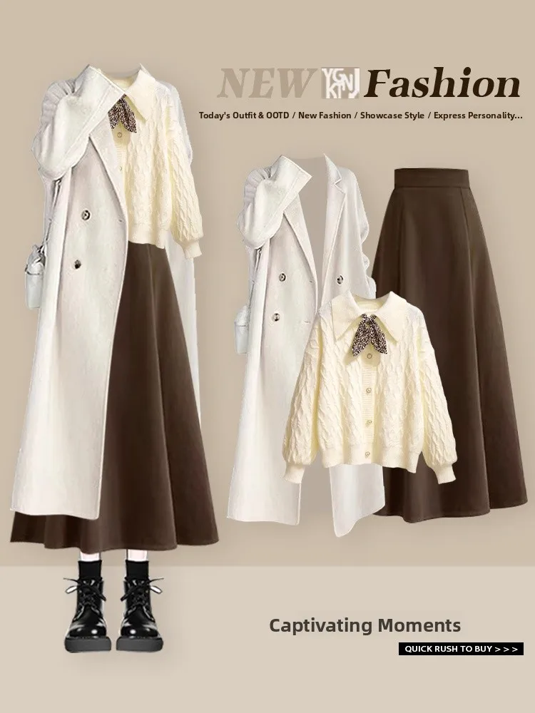 

Winter New Light Maturi Sle Unique Set Korean Aosphere Coat Sweater Skirt Women's Clothing Matching High Waist Mid...