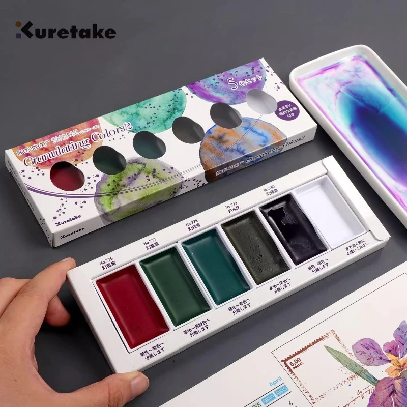 Japan Kuretake New 2025 GANSAI TAMBI Granulating Watercolor 5-color Solid Pigment Artist Watercolor Painting Supplies