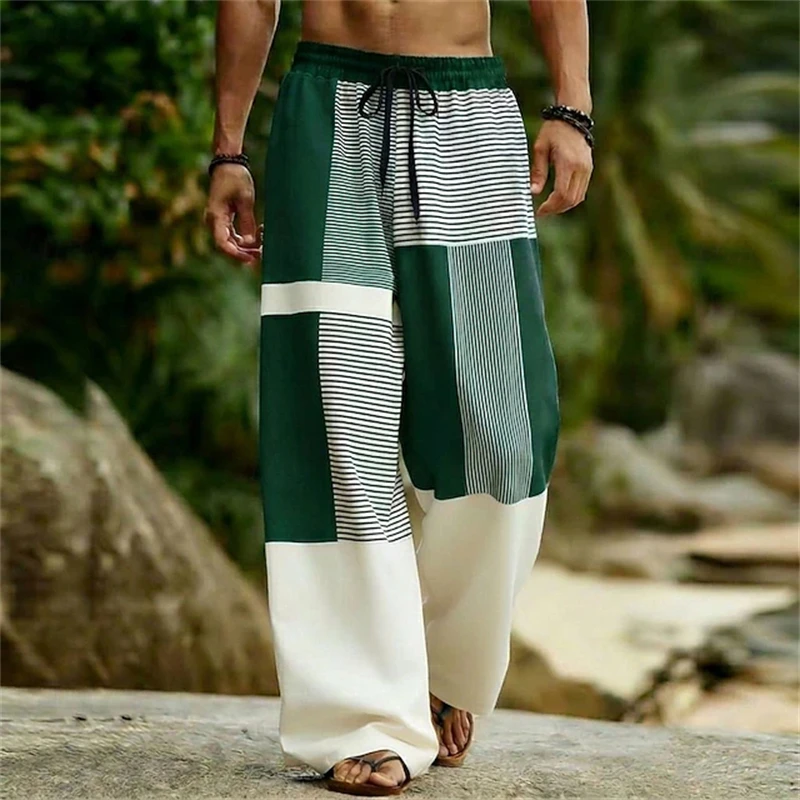 Men's Wide-Leg Pants Long Pants with Bohemian Stripes and Geometric Patterns Perfect for Outdoor Vacations and Everyday Wear