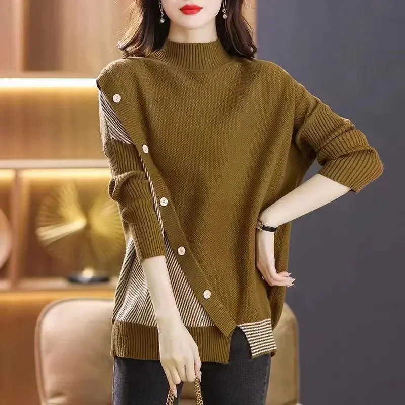 Half High Collar Sweater Women Knitted Pullovers Korean Loose Splicing Mid Long Bottoming Shirt Ladies Knit Tops Autumn Winter