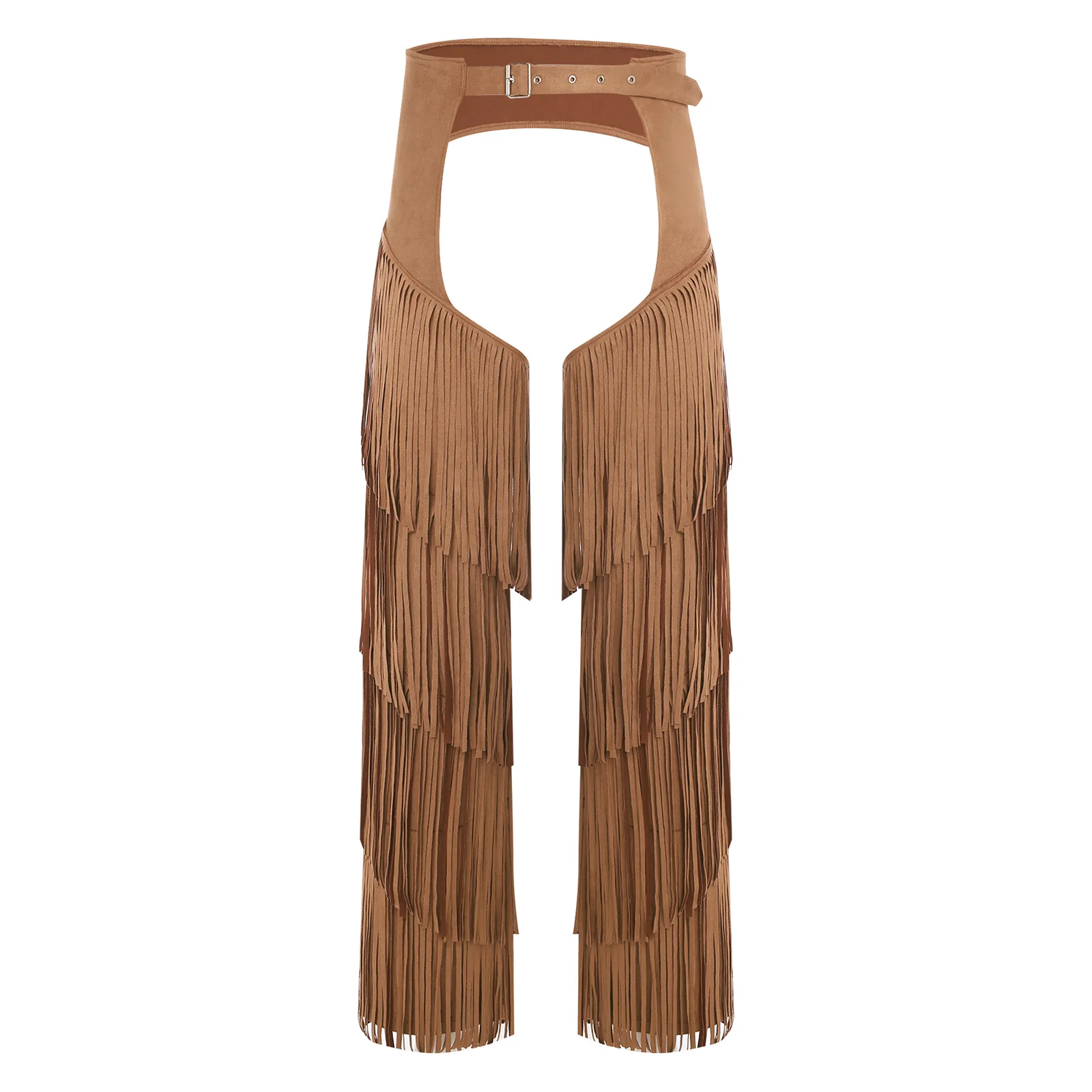 

Womens Western Cowgirl Carnival Cosplay Costume Open Crotch Pants Layered Fringe Buttless Style Buckles Western Motorcycle Pants