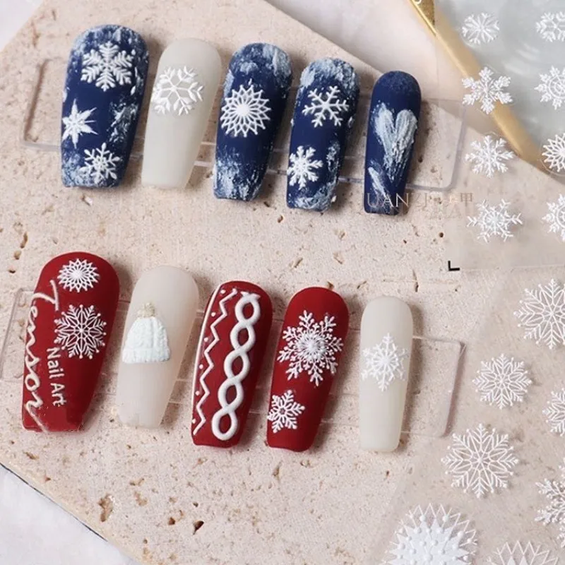 Christmas 5D Embossed White Snowflakes Nail Stickers New Year Winter Xmas Snow Nail Art Decals Self-adhesive Decor Sliders Y#7RK