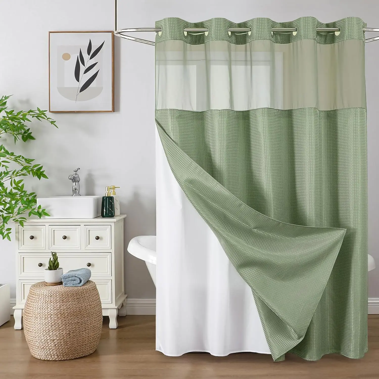 

Sage Green Heavy Duty Shower Curtain with Snap Liner, Waffle Weave Fabric, Mesh Window, 72x75 Inches