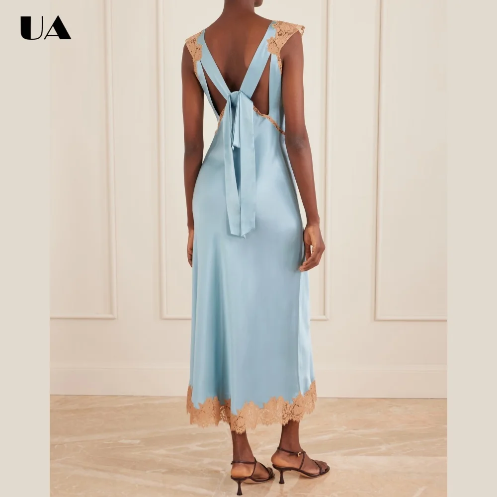 ULBYANRY Customized Satin Lace Appliques Prom Dress for Woman, Sexy Backless Bow Evening Dress, Elegant Sleeveless Ball Gown