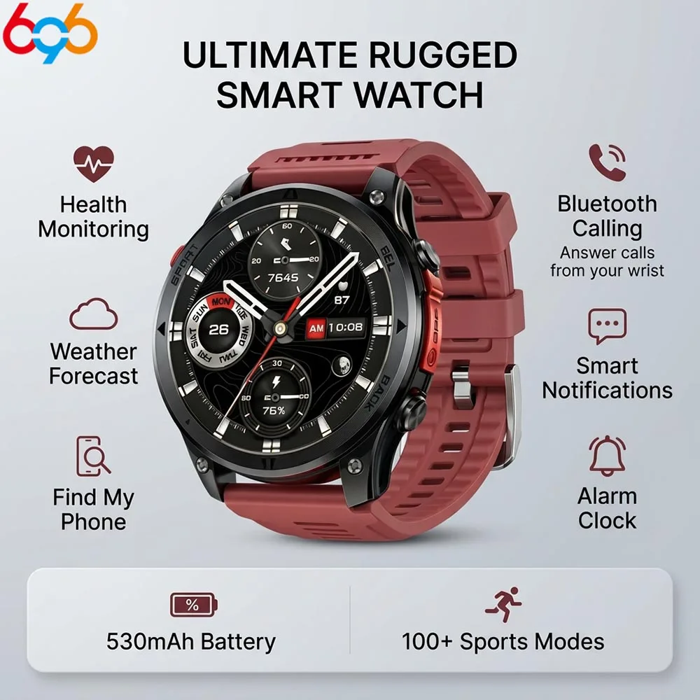 Men's GPS Sports Smartwatch 1.46" Display 530mAh Battery 100+ Sport Modes IP68 Waterproof BT Call Compass & Running Tracker