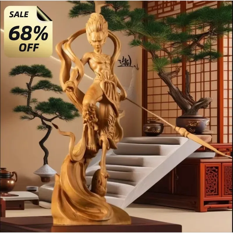 Natural Solid Wood Nezha Prince Statue,  Chinese Mythological Characters，  Home Room Office Art Features Statue