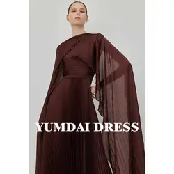 YUMDAI Brown Long Sleeve Ankle Chiffon Evening Gown Special Occasion Pleated A Line Skirt Saudi Blouse Dress 2024 Party Dress