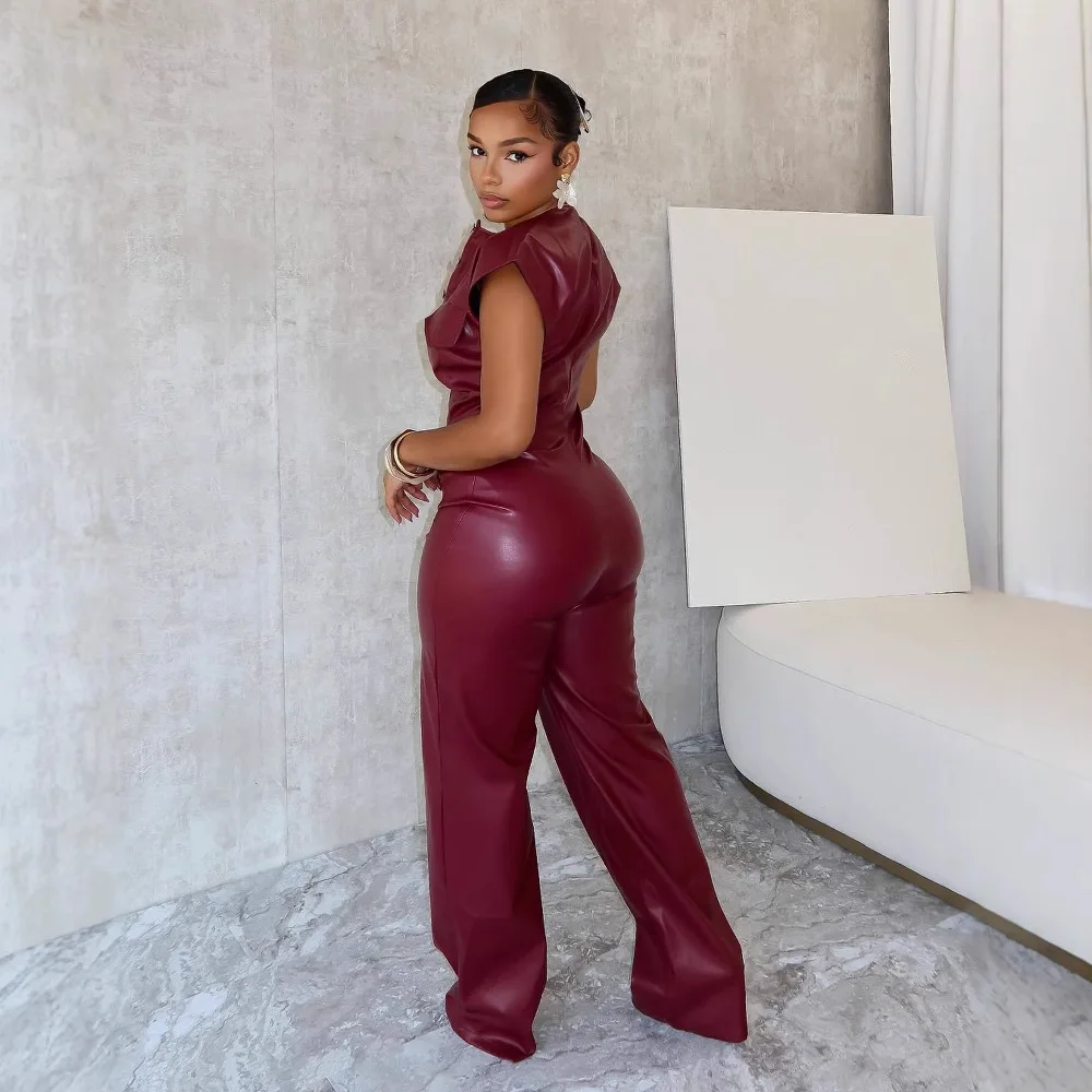 Pu Leather One Piece Women Jumpsuits Sexy Sleeveless Single Breasted High Waist Overalls Rompers Wide Leg Long Pants Y2k 2025