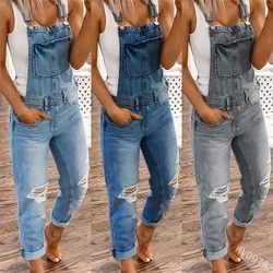 Jean Overalls Women Plus Size Mid Waist Pockets Washed Spring Summer Fashion Ankle-Length Pants