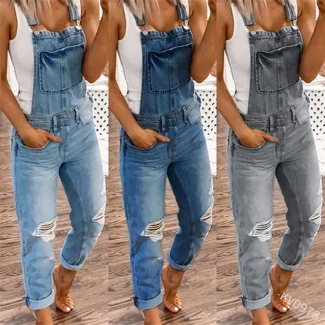 Kombinezon dżinsowy damski Plus Size kieszenie ze średnim stanem sprane wiosenne letnie modne spodnie do kostek