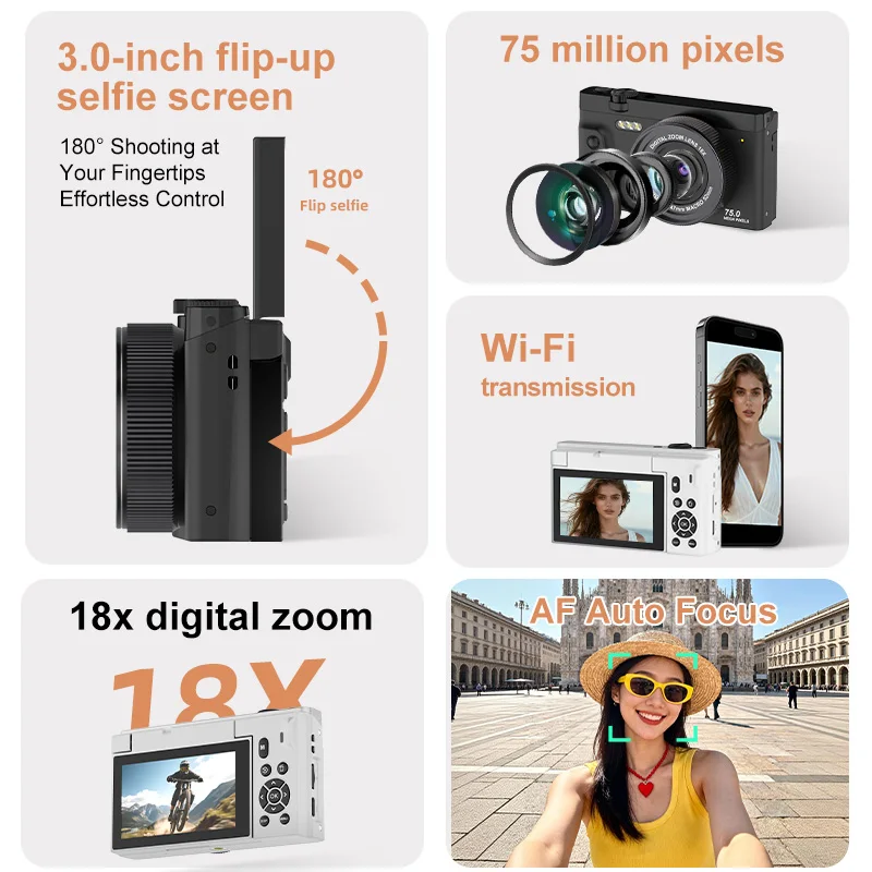 Ourlife 4K Compact Digital Photography Camera 18X Digital Zoom Vintage Vlog Video Recorder 3.0'' 180° Flip Screen WiFi Web Cam