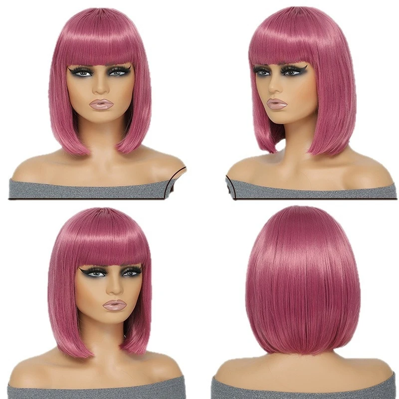 Concert simulation human hair , summer breathable rose net, watermelon pink air bangs wig for women