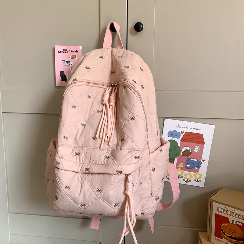 Bow Embroidery Backpack Lightweight Durable Large Capacity Casual School Backpack Middle School Students Daily Travel Use