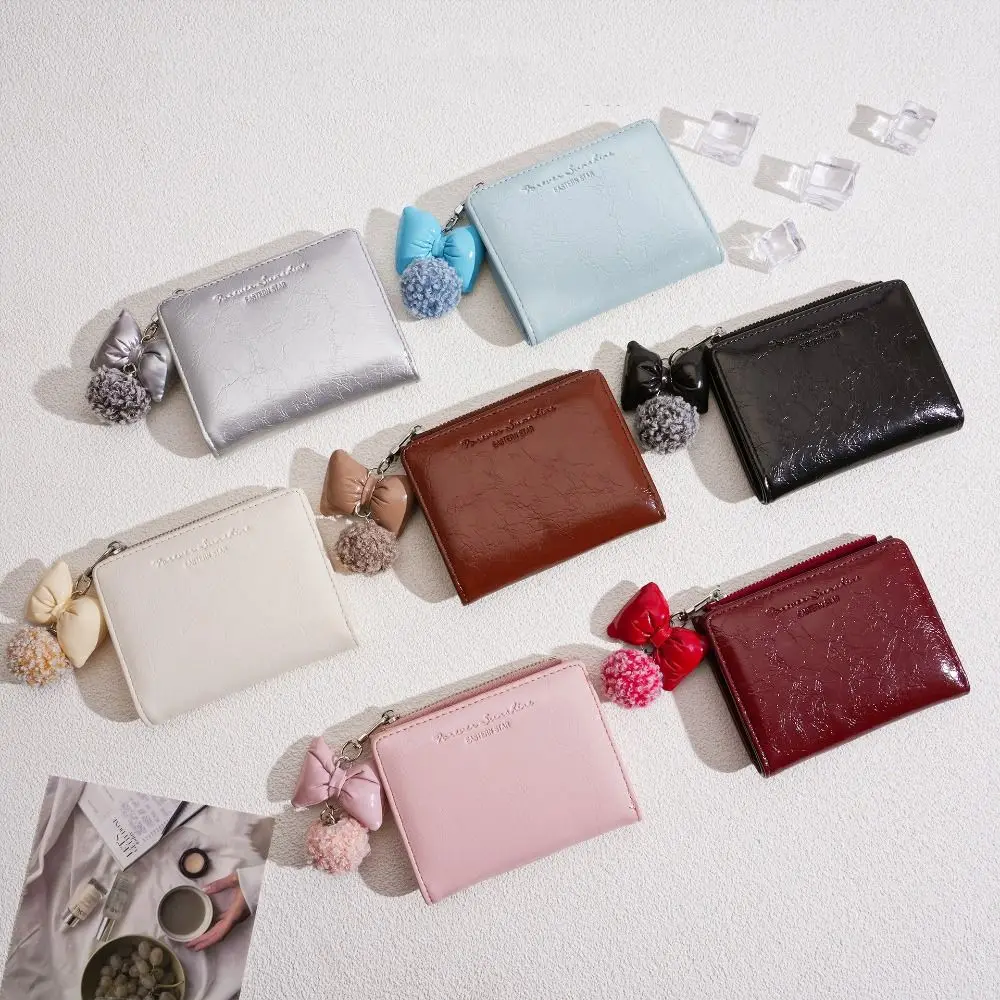 

Portable Korean Style Women Short Wallet Bow Pendant Short Clutch Coin Pouch Card Holder Zipper Card Bag Card Storage Bag