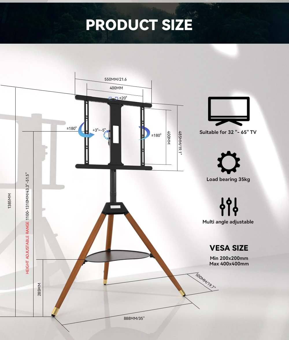 Treppiede da pavimento per TV in legno da studio con cavalletto artistico di lusso di ultimo design da 32 pollici a 75 pollici con 3 gambe e vassoio