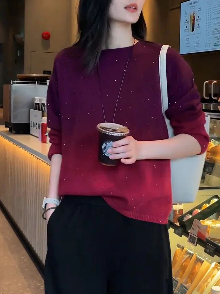 

Korean Sle round Ne Knitted Sweater iny Sequins plus Size Faionable Versatile Women's Top Warm Long Sve Camere